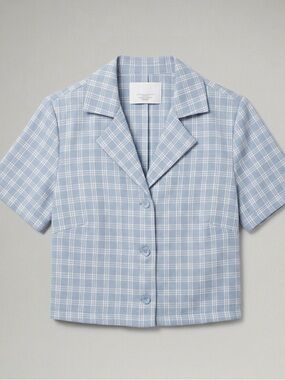 Elodie Light Blue Plaid Cropped Button-Up Blouse
